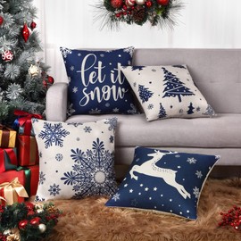 CAROMIO Christmas Cushion Cover Christmas Design Throw Pillow Case Linen Look Xams Decorations Throw Pillow Covers for Living Room Sofa Couch, 18x18inch, Blue, Set of 4