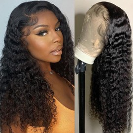 Human Hair Wig Deep Wave Real Hair Wig 13 x 4 Lace Front Wigs Human Hair for Women Human Hair Wig 180% Density HD Lace Closure Wigs for Women Glueless Natural Colour 18 Inches