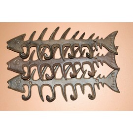 3 Fish Bone Wall Hooks / Hat Hooks / Towel Hooks, Cast Iron, 13 3/8 inch N-32L