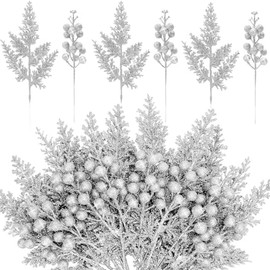 KKSTY 24 Pieces Christmas Tree Decorations - 12pcs Artificial Glitter Berries Stems and 12pcs Glitter Leaves for Christmas Tree Decor Wreath Making Vase Filler DIY Crafts (Silver)
