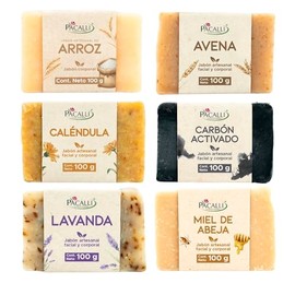 PACALLI Jabones Artesanales 6 Pack; Arroz, Avena, Caléndula, Carbón Activado, Lavanda y Miel. Ingredientes de origen natural, hechos a mano