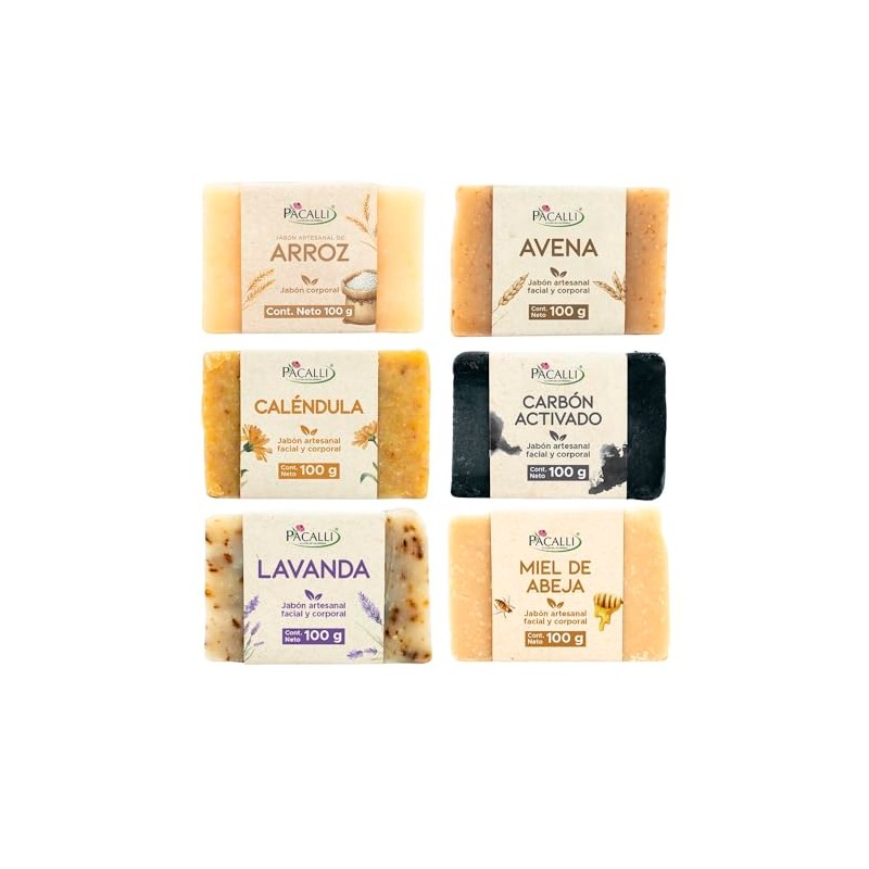 PACALLI Jabones Artesanales 6 Pack; Arroz, Avena, Caléndula, Carbón Activado,