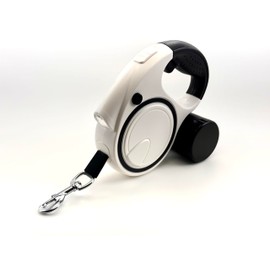 Retractable Dog Leash with Led Light and Poop Bag Holder 16 ft Heavy Duty Nylon Tape for Small Medium Dogs up to 35Ibs Walking Training Running (White Black)