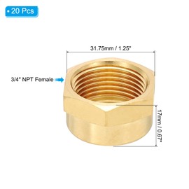 PATIKIL 3/4" NPT Female Brass Pipe Fitting Cap, 20Pcs Hex Head Brass Tubing Cap Thread Ends Cap Sealing Fittings for Refrigeration, Gas, Air, Water, Oil Line, Brass Tone