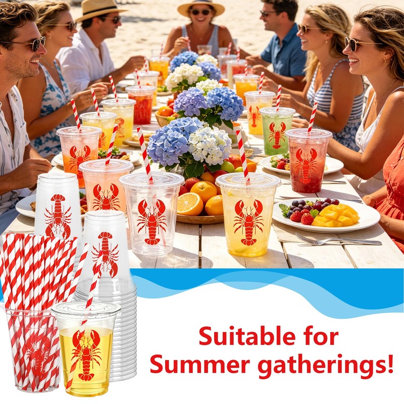 50Pcs 12 Oz Crawfish Plastic Cups with Lids & Straws