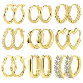 ALEXCRAFT Creolen Gold Ohrringe, Damen 14k Echt Vergoldete Multipack Creolen Gold Set Kleine, Ohrringe Gold Set Kleine Creolen Eckig Oval Herz Klobig Piercing Knorpel Kreolen Huggie Gold Creolen