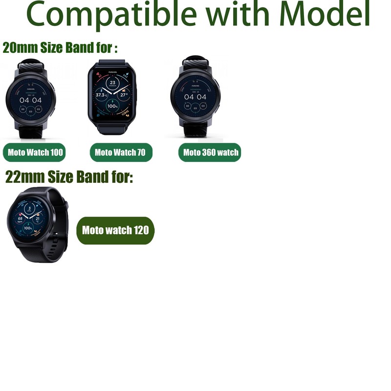 Compatible with Moto Watch 120 bands, 20mm, 22mm Quick Release