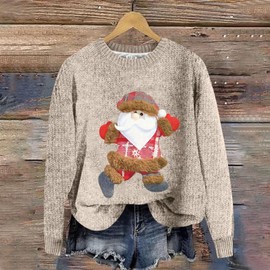 QUINTRA Oversized Pullover Women's Santa Print Sweatshirt, Long Sleeve Crew Neck Tops, beige, XL