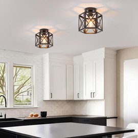 XSDeTu 2 Pack Farmhouse Semi Flush Mount Ceiling Light, Industrial Black Hallway Light Fixture, Small Metal Cage Close to Ceiling Lights for Kitchen Sink Porch Bedroom