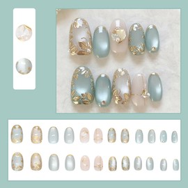 Cat's Eye Press on Nails Almond Fake Nails Short False Nails with Gold Flower Designs Stick on Nails Pearl Charm Glue on Nails Glossy Cute Artificial Nails for Women 24 pcs