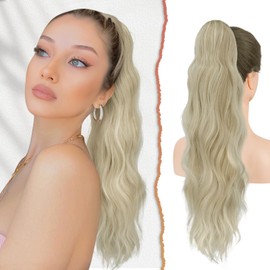 Sofeiyan Ponytail Hairpiece with Drawstring, 56 cm Long Wavy Braid Ponytail Hair Extension, Synthetic Drawstring Ponytail Extension for Women, Dark Golden Mixed Beige Blonde