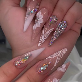BABALAL Stiletto Press on Nails Long Fake Nails White Glue on Nails Rhinestone Luxury Jewel Acrylic Nails 24Pcs Flower Coquette False Nails Manicure Glossy Bling Almond Handmade Stick on Nails