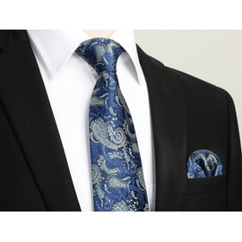 HISDERN Mens Ties Classic Blue Tie and Pocket Square Formal Business Paisley Necktie Handkerchief Set Woven Silk Neckties for Men Wedding Party