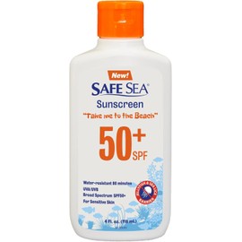Safe Sea Bloqueador Solar con bloqueo de picaduras de medusas, FPS 50+ loción/crema de 118ml/4Floz, impermeable, biodegradable, seguro para arrecifes de coral, para cuerpo y cara, protección contra las medusas, aguamalas, quemadores y piojos de mar. Para 