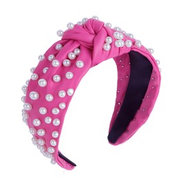 YISSION Pearl Knotted Headband for Women Non Slip Leather Beaded Headbands for women Wide Jeweled Embellished Hairband Hot Pink Headband Hair Accessories for Women Girls (White Pearl)