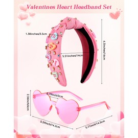 Hoteam 2 Pcs Valentine's Day Headband and Glasses Crystal Rhinestone Knotted Headband Love Massage Heart Headband Hair Accessories Gifts for Women Valentine Party Supplies(Pink)