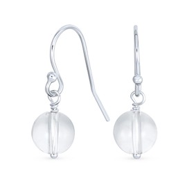 Simple Plain Translucent Chalcedony Crystal Gemstone Round Dangle French Fish Hook Wire Ball Drop Earrings For Women .925 Sterling Silver