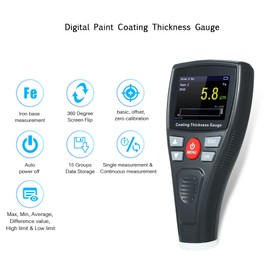 Digital Paint Coating Thickness Gauge Handheld Coatings Thickness Tester with Color LCD Fe Probe Car Detector Automotive Coating Refinishing Cars Paint Tester Meter (0～1800um)