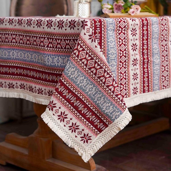 SUTAVIA Cotton Linen Tablecloth with Exquisite Floral Lace Tassel Dust-Proof