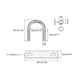 sourcing map Round U Bolts M6 U-Bolt 20 mm x 36 mm U Screws Shackle with Nut Plate Washers 304 Stainless Steel Shackle Bolt for Attaching Cable Tube Round Rods Ropes Pendant