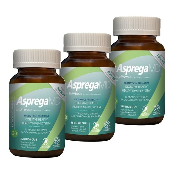 Asprega 30CT - Probiotic + Prebiotic Supplement | 17 Strains, 35 Billion CFUs | Delayed Release | Saccharomyces Boulardii | for Men & Women | by ScimeraMD, 3-Pack