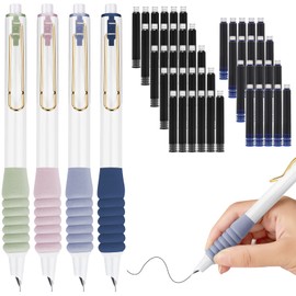 AUAUY Retractable Fountaining Pen, 4PCS Retractable Press Pens Refillable Ink Writing Pen 0.38mm, Soft Non-slip Grip with 50PCS Ink Sac, Retractable Pen for Smooth Writing, Painting, School, Office
