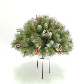 HiBean Outdoor Christmas Tree Frosted Urn Filler 2 Set, Prelit Artificial Flocked Xmas Tree with Cones & Red Berries for Porch Yard, Small Christmas Tree with 50 Warm & Colorful Lights (Silver)