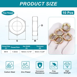 PATIKIL M14x1x6mm Steel Hex Nuts, 10Pcs Metric Fine Thread Carbon Steel Finished Hardware Screw Nuts Fasteners for Machinery Manufacturing Industrial Use, 19mm Width Color Zinc