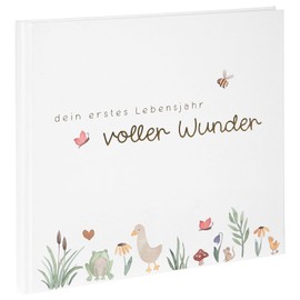 goldbuch 513 Baby Diary Full of Wonder Meadow White Memory Album with 100 Illustrated Pages, Cover with Gold Embossing and Meadow Motif, Memory Album, Baby Album Approx. 24.5 x 22.5 x 3.5 cm