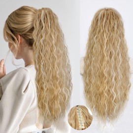 QGZ Claw Clip Ponytail Extension 26 Inch Ponytail Extensions for Women Long Wavy Curly Fluffy Pony Tails Hair Extensions Synthetic Hairpieces for Daily Party Use(Dirty Blonde Mix Blonde)