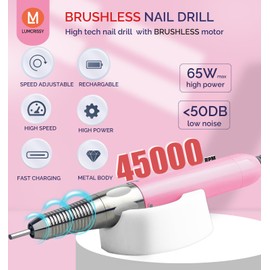 Lumcrissy Professional Nail Drill Machine - 2-in-1 Brushless Motor Nail File, 45000 RPM 2*3500mAh Portable Efile for Acrylic Gel Nails with 6 Bits & ETL-Certified USB Charger for Salon & Home(Pink)