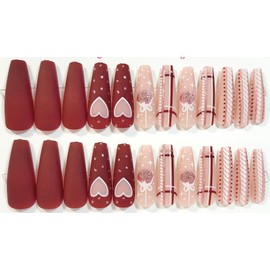 Pretty Pink Christmas Matte Long Coffin Press On Nails - 24 Pieces - Artificial Nails