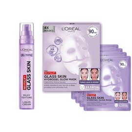 L'ORÉAL Paris Glass Skin Hyaluronic Mask and Cream Duo, Hydrogel Glow Face Mask 4 Pack and Glass Skin Liquid Face Cream (70ml), Visible Plump, Smoothed, Glowing Skin, Powered by Hyaluronic Acid, 70ml