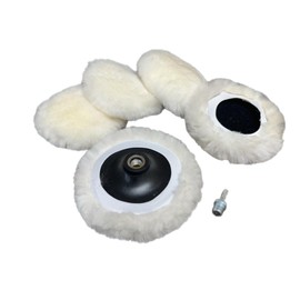Lambswool Polishing Pads Sheepskin Buffing Pads with Elastic Band. 7PC Set Includes 5 Lambswool Cutting Pads with Hook and Loop Backing, 1 Backing Plate and 1 Drill Attachment - Wool Buffs (3 Inch)