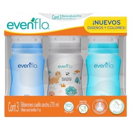 Evenflo Biberón Anticólicos Forest, Diseño de Dinosaurio, Cuello Ancho, 270ml/9oz, Azul y Turquesa, Flujo Medio, Sistema de Ventilación, 3 Piezas, para Bebés de 3 Meses en Adelante