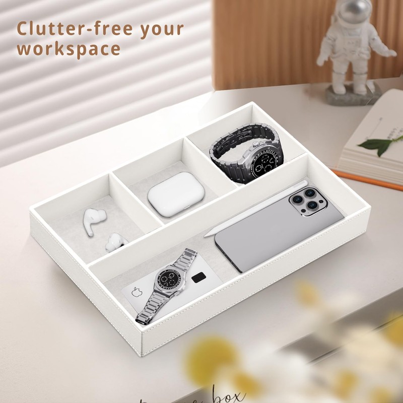 Fanousy Valet Tray Men Nightstand Organizer 4 Compartments PU Leather