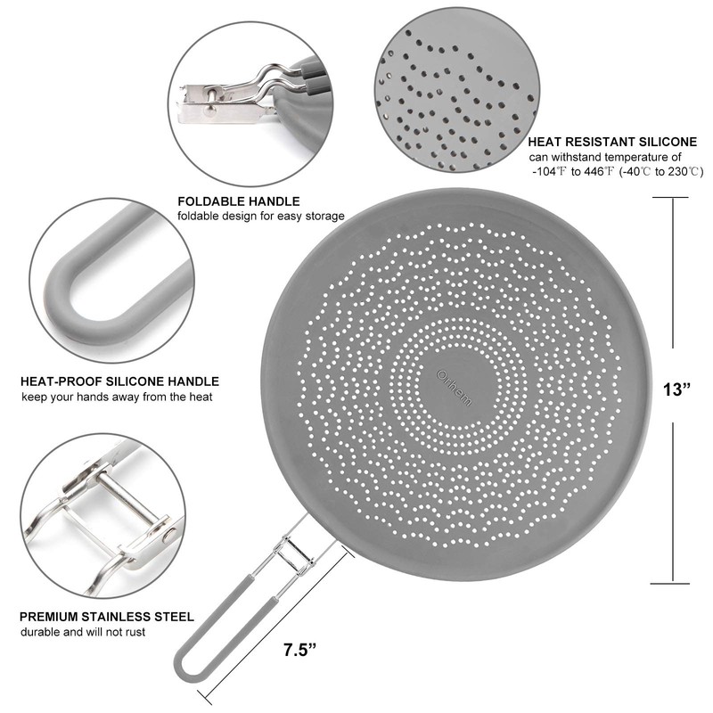 13” Silicone Splatter Screen Pan Cover with Folding Handle, Heat