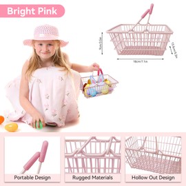 Mini Pink Shopping Basket for Little Girl, Toys Kids Shopping Cart Series, Portable Mini Kids Grocery Basket with Handles Table Storage Basket Decorative Ornaments for Storage Toys (Pink)