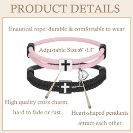 RoseJeopal 2 Pairs Matching Magnetic Heart Bracelets for Dad Daughter, Christian Cross Rope Bracelet Baptism Confirmation Father’s Day Gifts (Dad & Daughter)