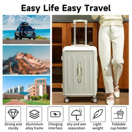 Carry On Luggage with Cup Phone Holder and Charger Hard ABS Shell Suitcases with 4 Double Spinner Wheels,White 20inch