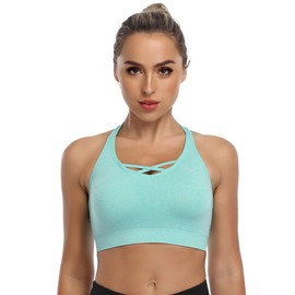ANGOOL Padded Sports Bra Wirefree Mid Impact Yoga Bras Unique Cross Back Strappy for Gym Yoga Green
