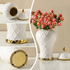 Ginger Jars for Home Decor, White and Gold Vase, Decorative Ceramic Ginger jar with lid, Porcelain Flower Vase for Centerpieces Jarrones, Storage jar, Table Center Vase, Temple Jar(14in)