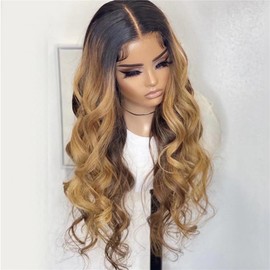 QTIKER 13x4/13x6 Transparent Lace Pre-plucked Ombre Blonde Body Wave Human Hair Wig (13X6, 18inch)