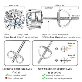 NEVEGE Moissanite Stud Earrings 925 Sterling Silver Diamond Stud Earrings for Women,1 CT D Color VVS1 Clarity Lab Created Moissanite Earrings Screw Back Earrings for Women Men