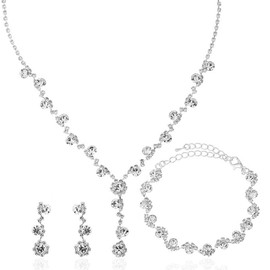 Luxury Rhinestone Necklace Earrings Bracelet Bridal Jewelry Sets for Women Sparkly Flower Crystal Y Pendant Necklaces Dangle Earring Wedding Costume Dress for Brides Bridesmaids, Medium, Metal,