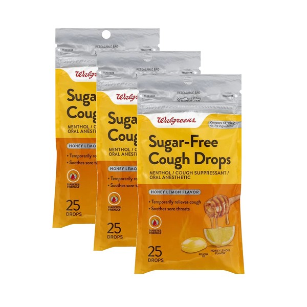 Walgreens Sugar Free Cough Drops, Honey Lemon, 25 ea (Pack of 3)
