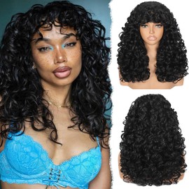 Curly Afro Wig for Black Women Curly Wigs with Bangs 18 Inch Long Curly Afro Synthetic Wig for Cosplay and Daily(Black)