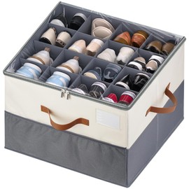 MSTONAL Shoe Organizer for Closet, 1 Pack Shoe Storage Container with Adjustable Dividers, Space Saving Shoe Box Storage Organizer Bin with Clear Lid and 4 Handles, Fits 8-16 Pairs, Beige & Grey