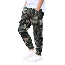 Rolanko Boys' Cargo Pants Casual Kids Joggers Elastic Waist Outdoor Hiking Baggy Trousers 4-14 Years (Camouflage, 6-7)