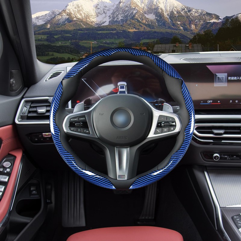 Car Steering Wheel Cover Set Bright Carbon Fiber Wrap Non-Slip